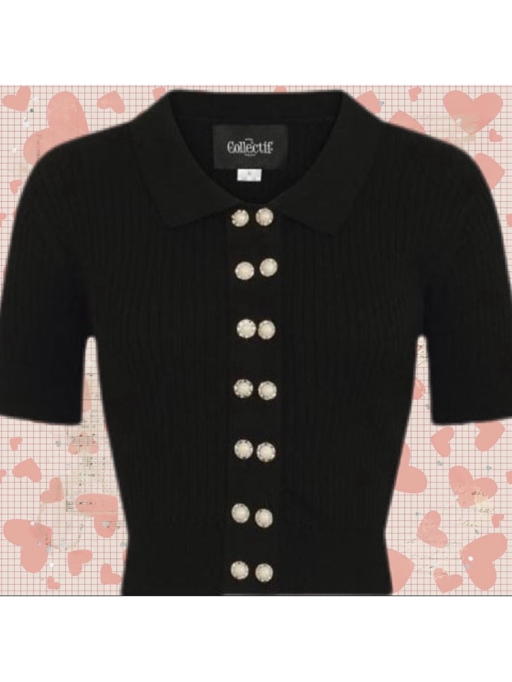 Collectif Black Ribbed Short-Sleeve Button-Front Polo Top with Pearl Buttons
